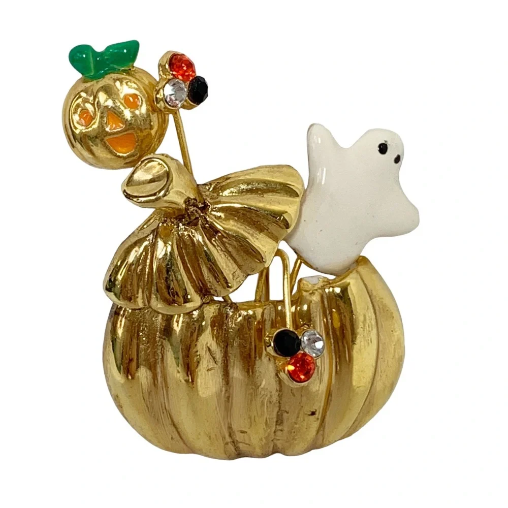 Halloween brooch pin gold tone pumpkin enamel ghost jack o lantern rhinestones